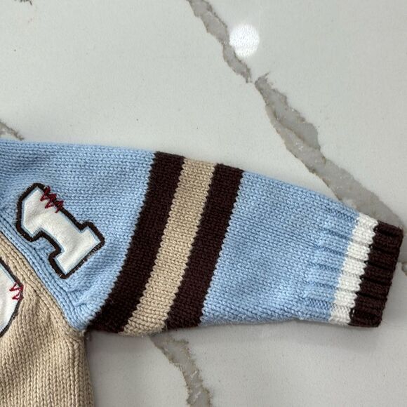 Carter's | Infant Boys Football Letterman Blue Tan Zip Knit Cardigan Sweater 0-3 - Picture 8 of 14